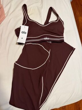ALO Yoga Women's Athletic Shorts and Bralette Set in Dark Brown with Cream Trim